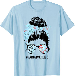Caregiver Life Messy Bun T-Shirt - T-Shirt | Light Blue