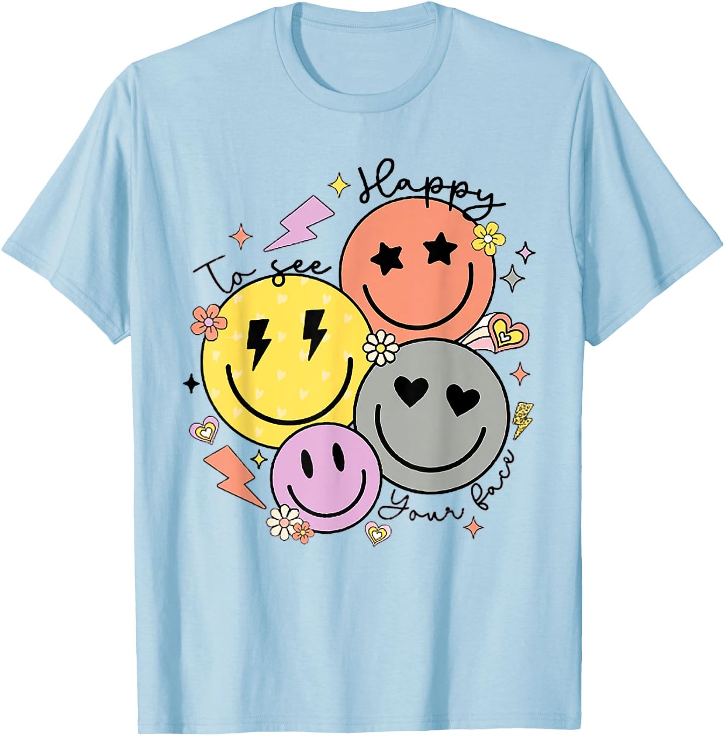 Groovy Happy To See Your Face Teacher First Day Of School Women Kids T-Shirt - T-Shirt | Light Blue