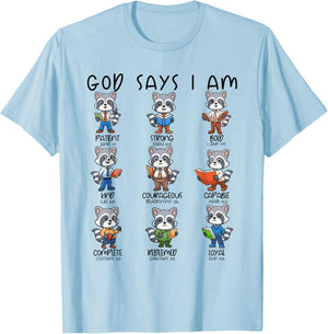 God Says I Am Raccoon Teacher Christian Religious Women Men T-Shirt - T-Shirt | Light Blue