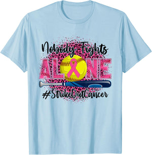 Nobody Fights Alone Strike Out Breast Cancer Softball Ball T-Shirt - T-Shirt | Light Blue