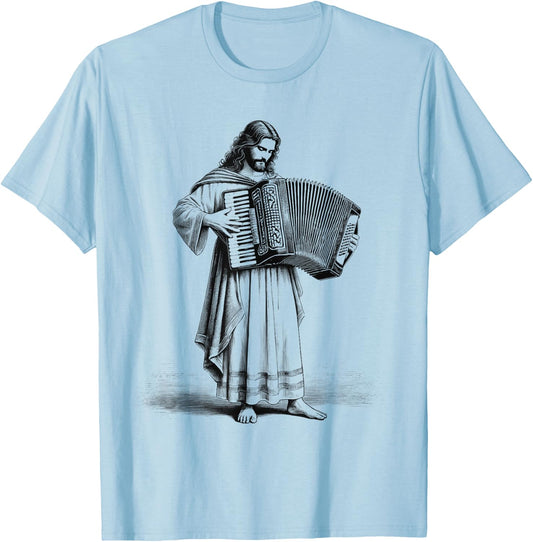 Jesus Playing Accordion Christian Vintage Accordionist T-Shirt - T-Shirt | Light Blue