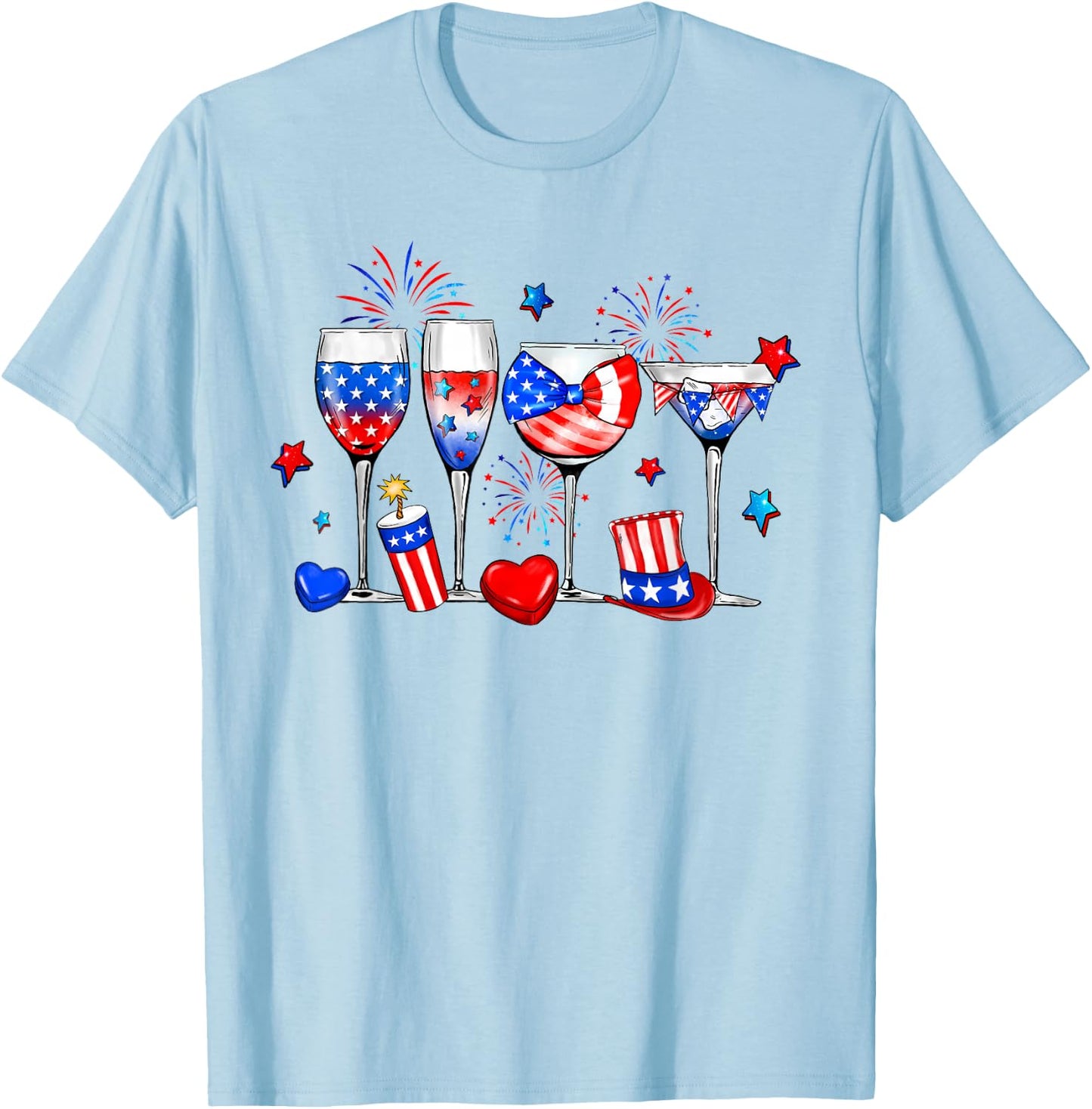 Wine Glasses 4th Of July Drinking Red White Blue USA Flag T-Shirt - T-Shirt | Light Blue