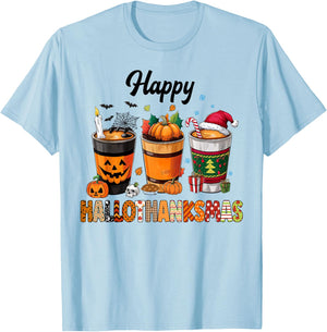 Happy Hallothanksmas Halloween Coffee Latte Thanksgiving T-Shirt - T-Shirt | Light Blue