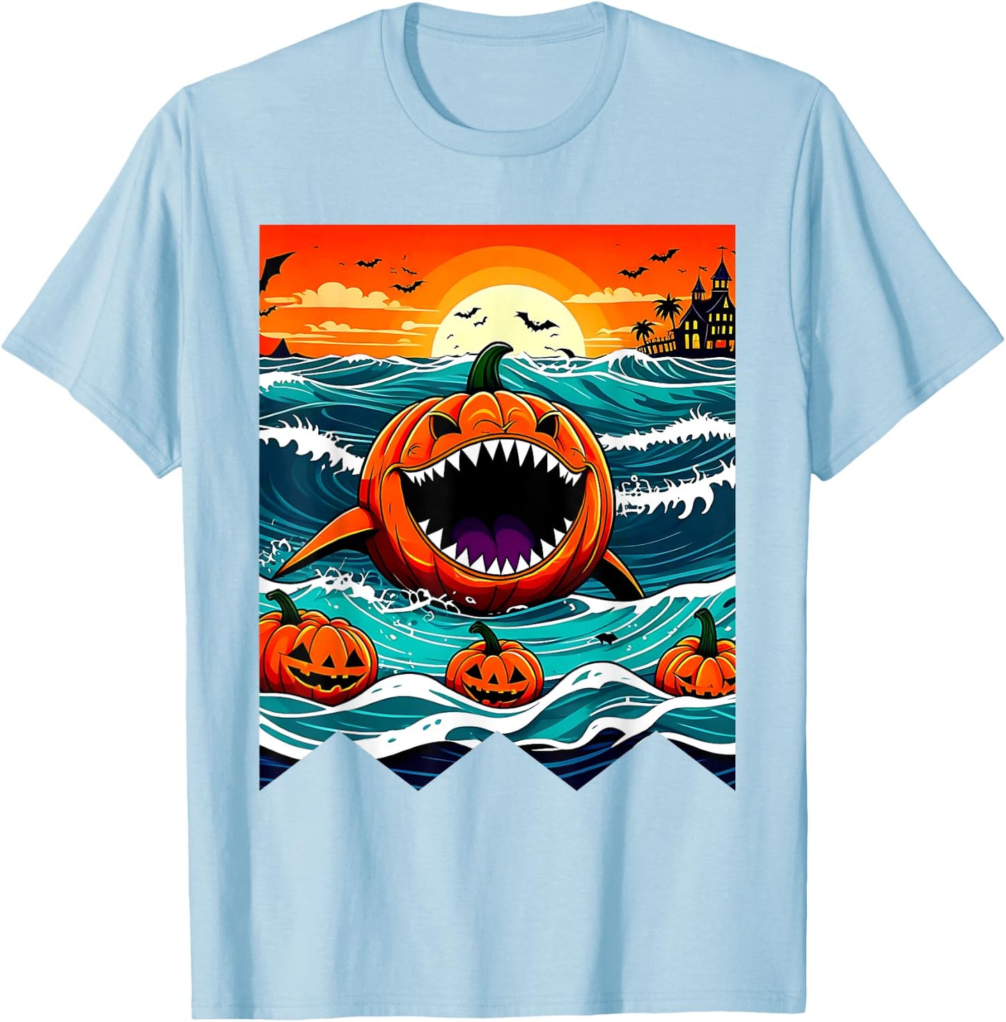 Halloween Pumpkin Shark Funny Summerween Spooky Summer Kids T-Shirt - T-Shirt | Light Blue