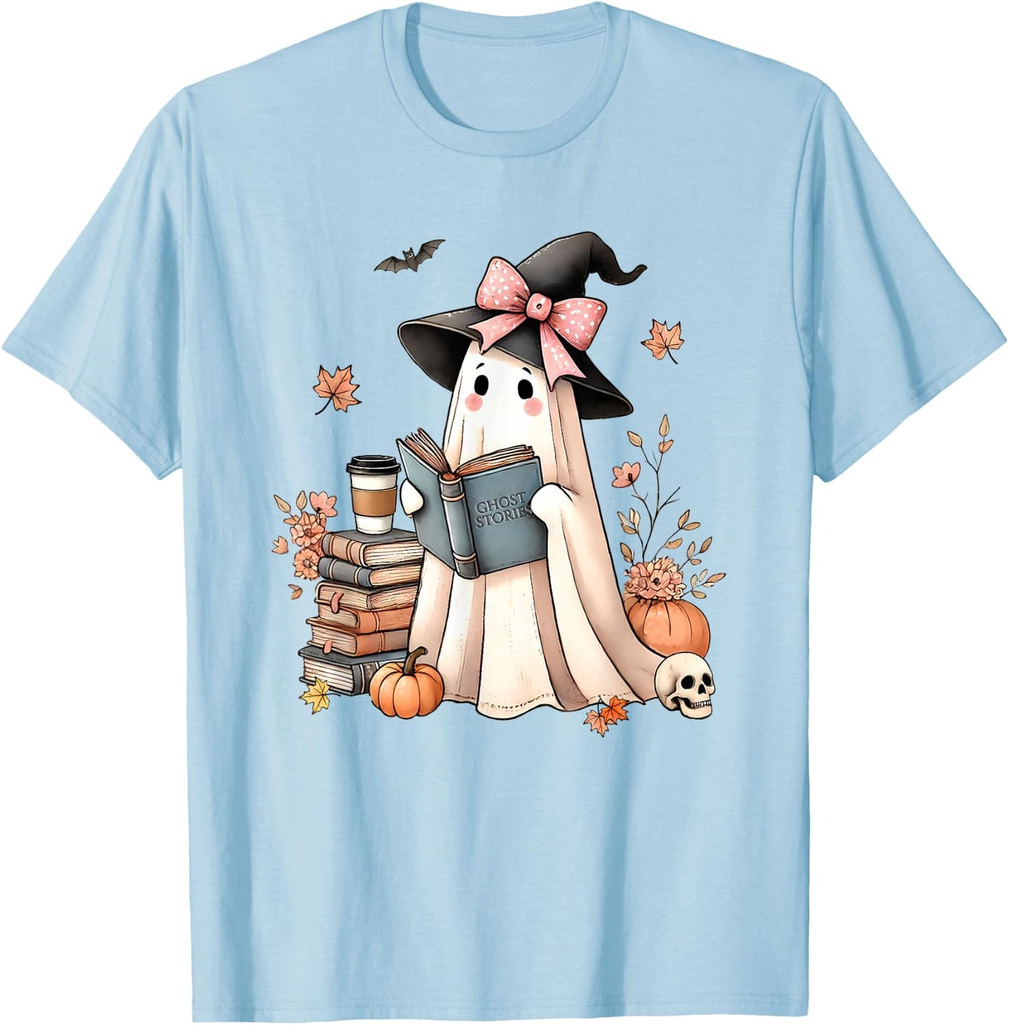 Cute Ghost Reading Book Librarian Book Lover T-Shirt - T-Shirt | Light Blue
