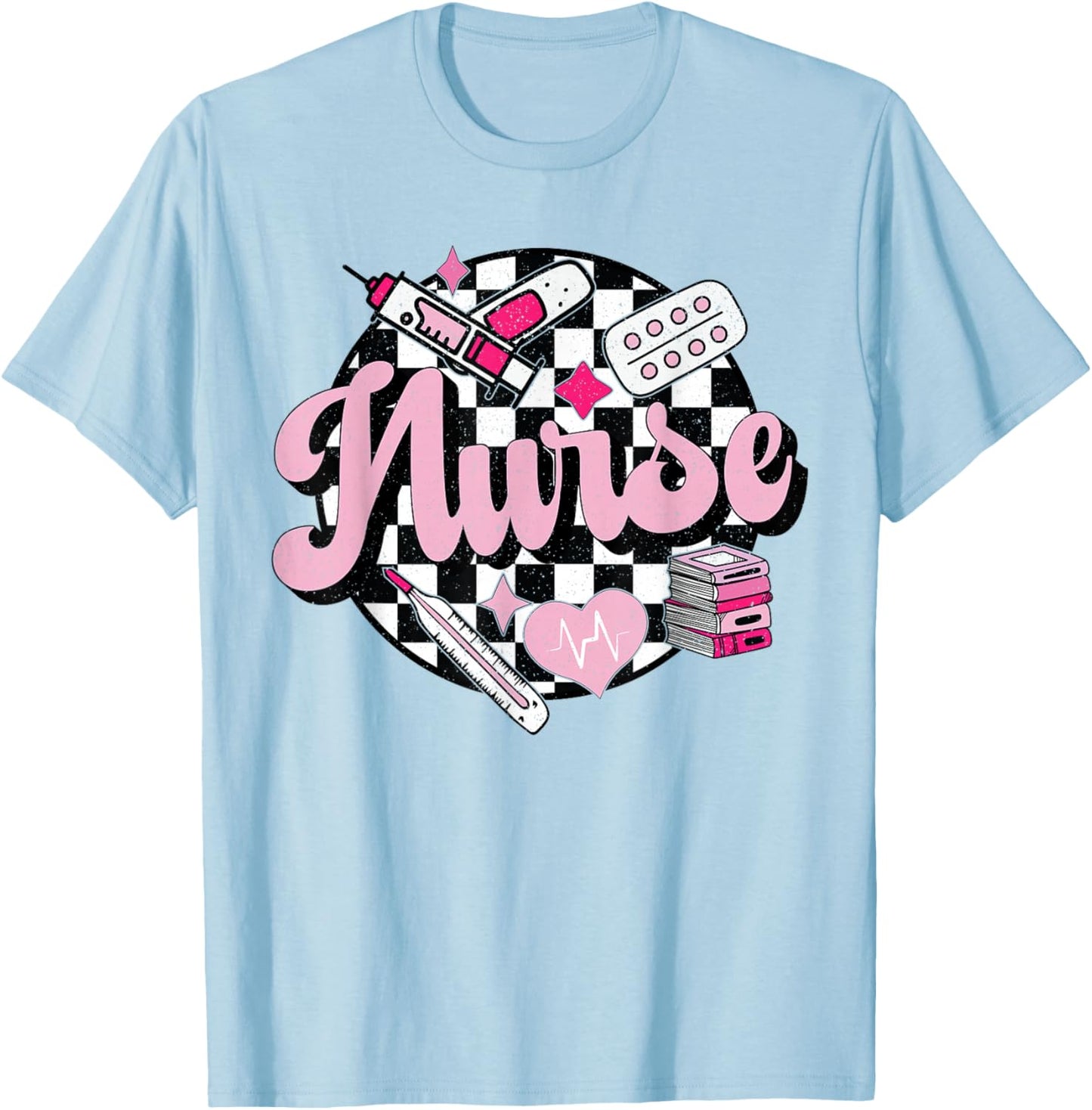 Checkered Retro Nurse School Nursing Groovy Nurse T-Shirt - T-Shirt | Light Blue