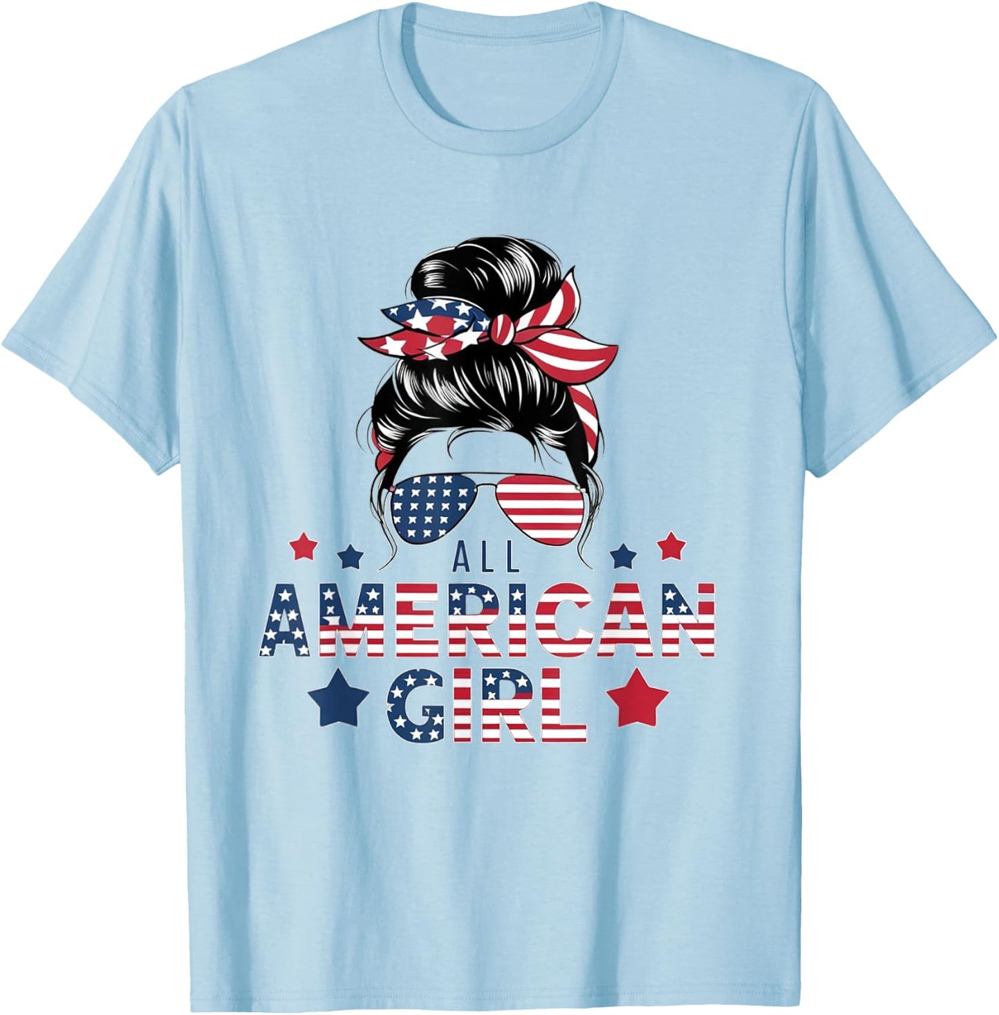 4th of July All American Girls Messy Bun Women USA Flag T-Shirt - T-Shirt | Light Blue