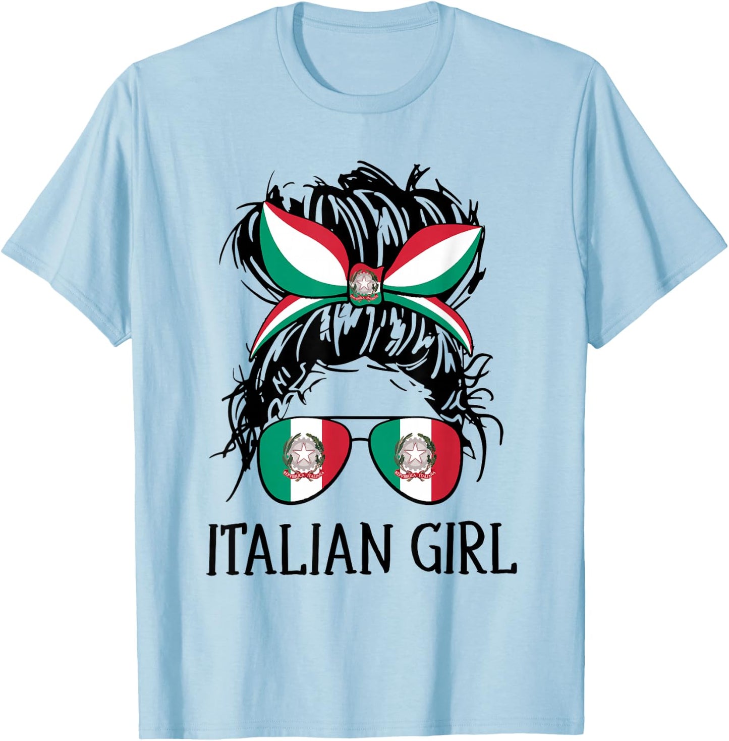Italy Flag Coat of Arm Italian Girl Messy Bun Hair Women T-Shirt - T-Shirt | Light Blue