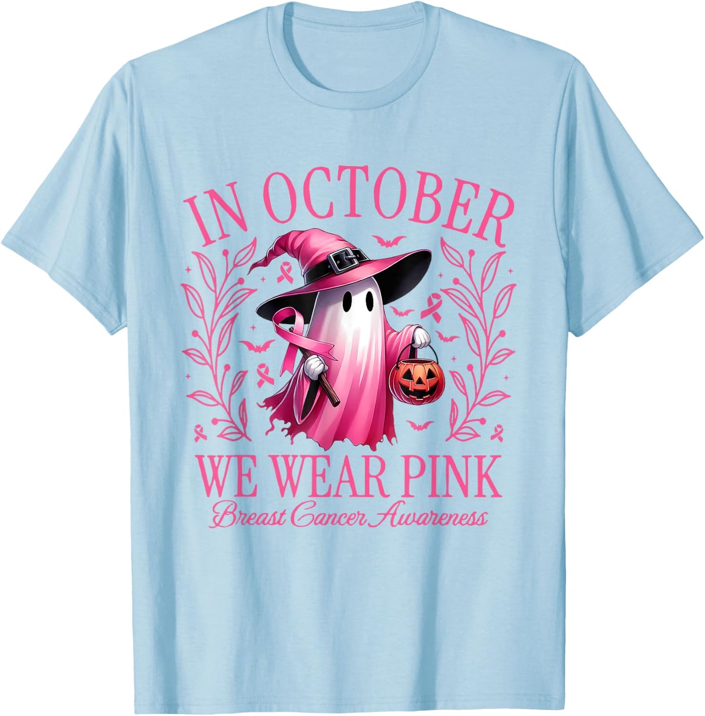 In October We Wear Pink Breast Cancer Awareness Halloween T-Shirt - T-Shirt | Light Blue