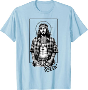 Chicano Latino Cholo Mexican Street Jesus Blessed Religious T-Shirt - T-Shirt | Light Blue