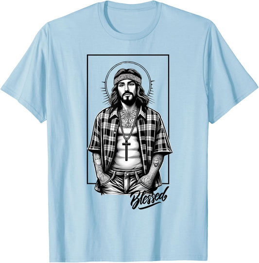 Chicano Latino Cholo Mexican Street Jesus Blessed Religious T-Shirt - T-Shirt | Light Blue