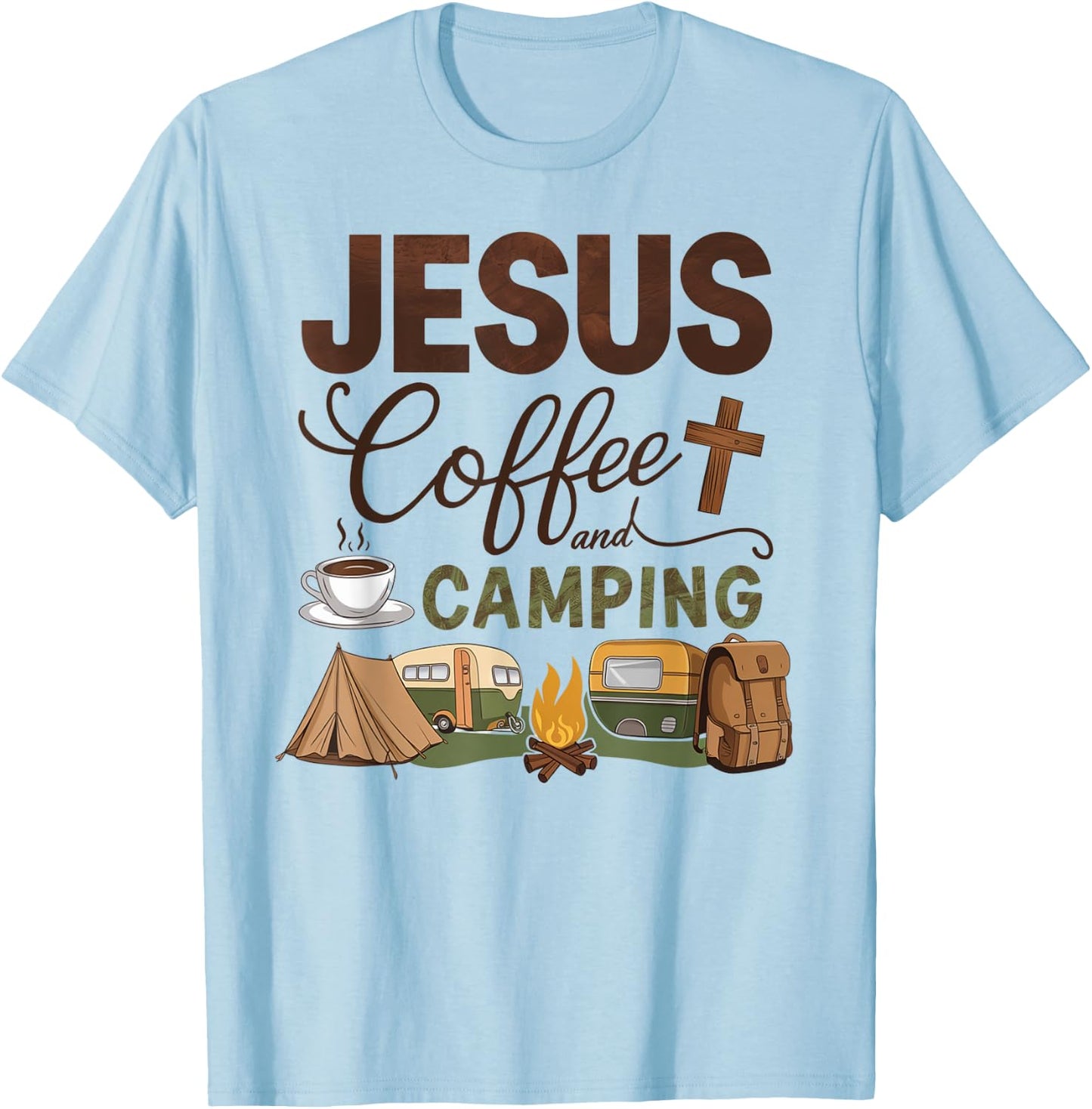 Jesus Coffee And Camping T-Shirt - T-Shirt | Light Blue