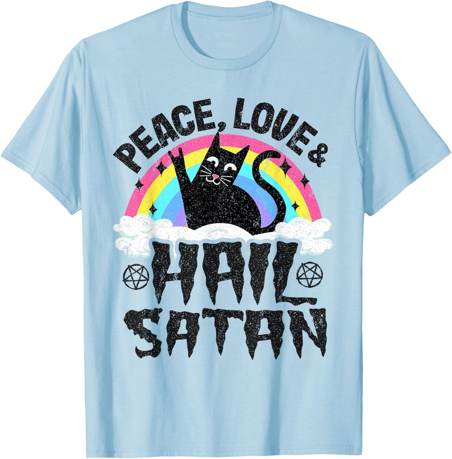 Peace Love & Hail Satan Cat Kids Punk Band Metal Rainbow T-Shirt - T-Shirt | Light Blue
