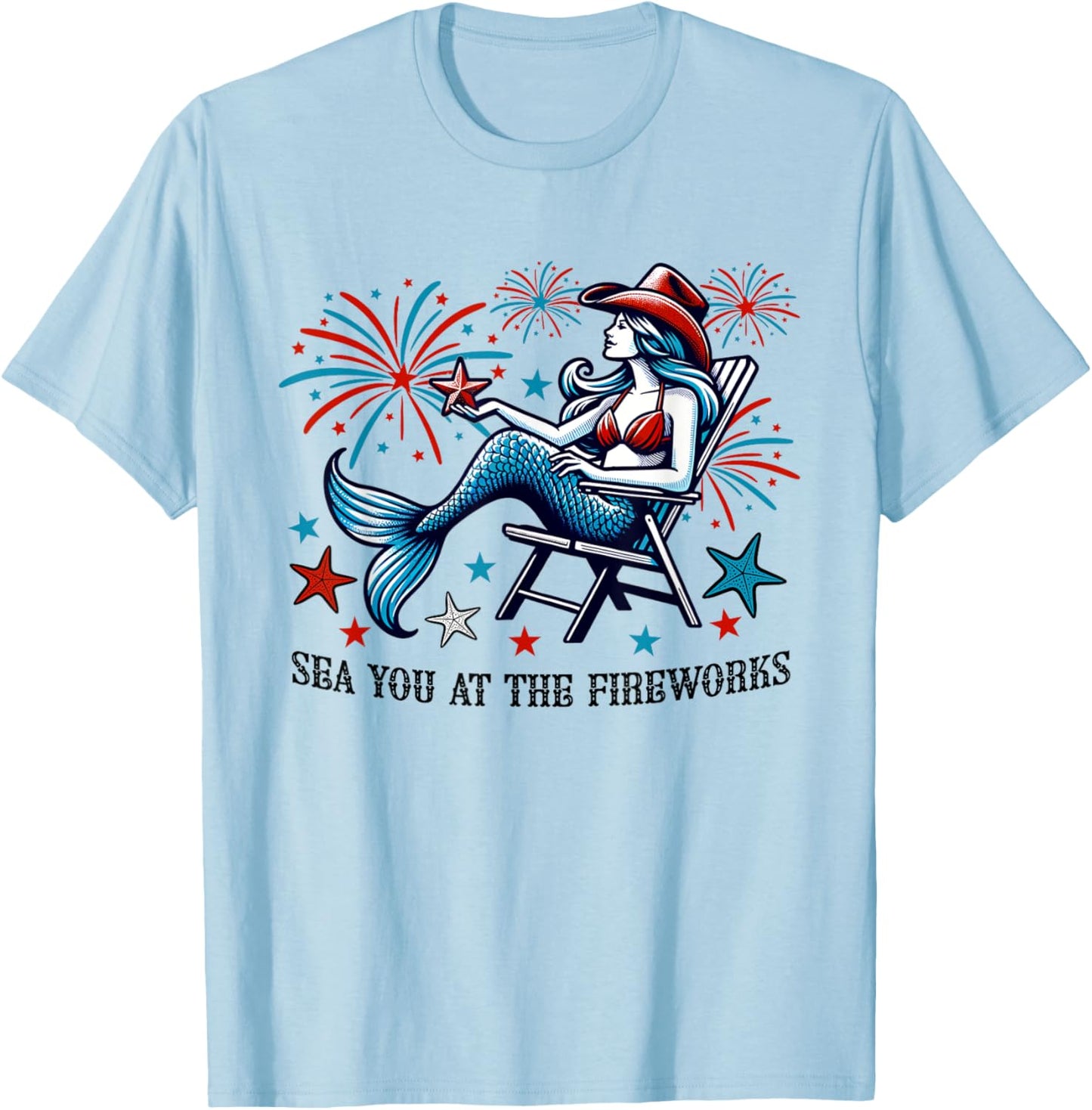 Mermaid Sea You At The Fireworks 4th of July Patriotic Cute T-Shirt - T-Shirt | Light Blue
