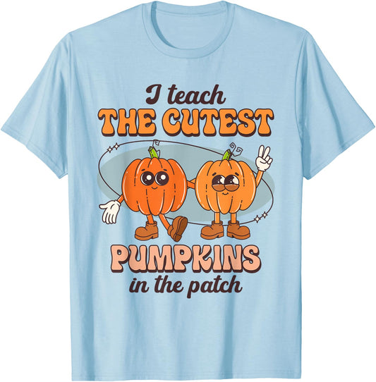 I Teach The Cutest Pumpkins In The Patch Retro Fall Teacher T-Shirt - T-Shirt | Light Blue