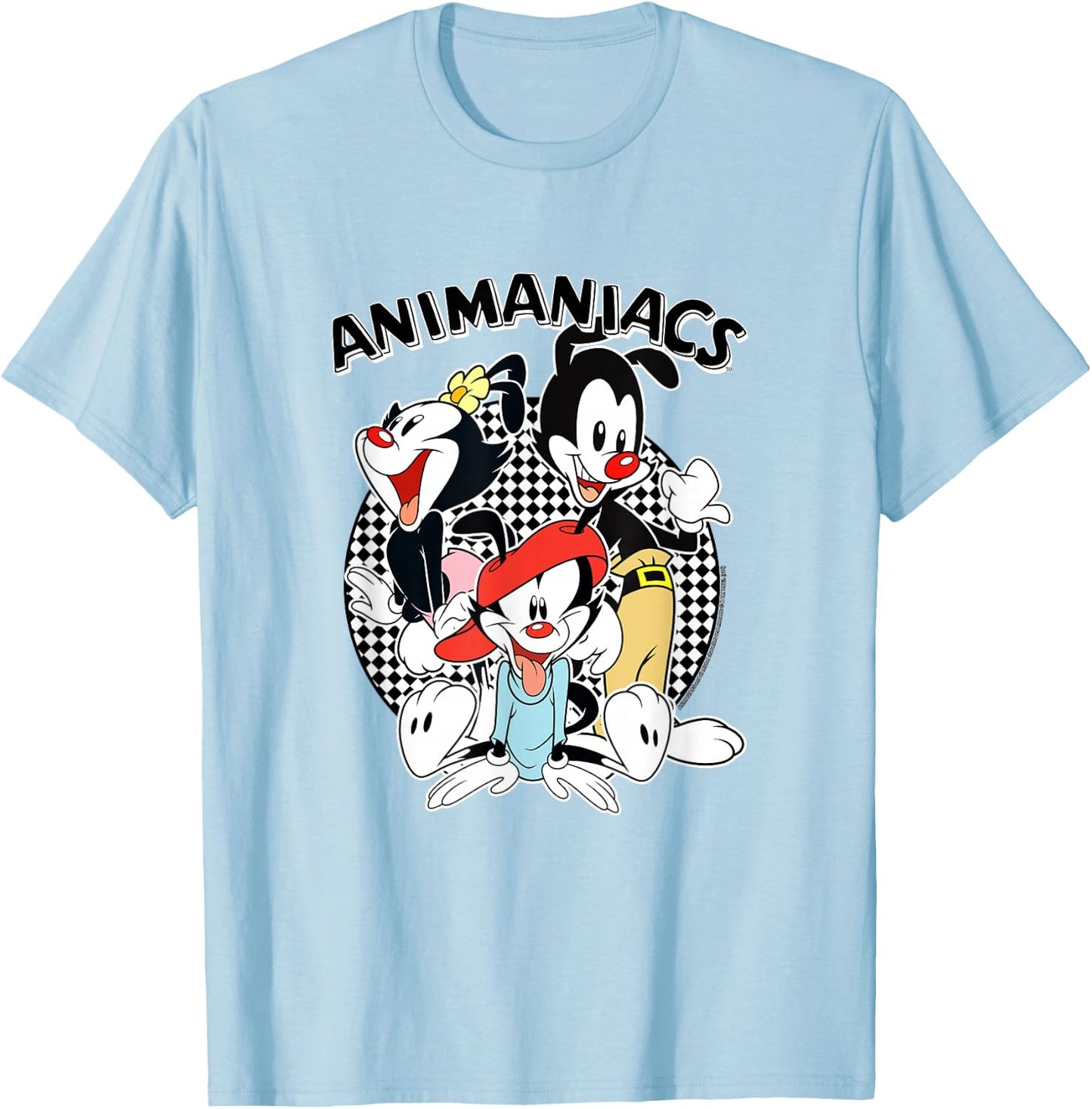 Animaniacs Checkerboard Print Group with Logo Cartoon T-Shirt - T-Shirt | Light Blue