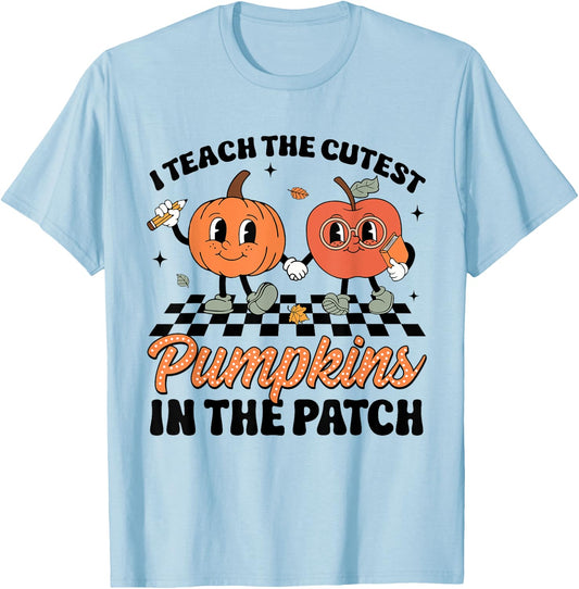 I Teach The Cutest Pumpkins In The Patch Groovy Teacher Fall Women Kids T-Shirt - T-Shirt | Light Blue