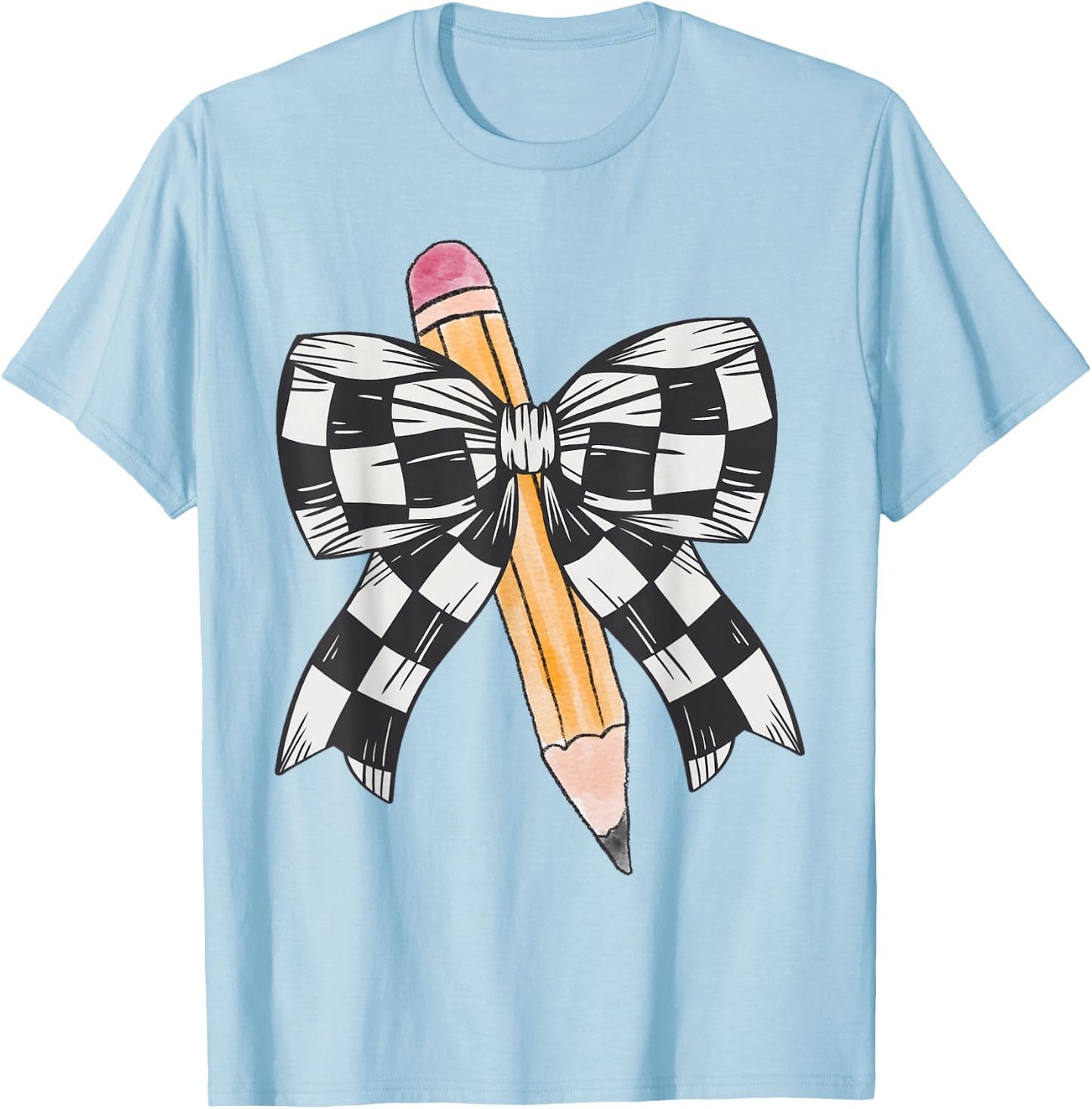 Back To School Day Checkerboard Coquette Bow Pencil Motivate T-Shirt - T-Shirt | Light Blue