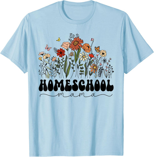 Retro Groovy Homeschool Mama Mom Flowers Teacher Mothers Day Women Girls Kids T-Shirt - T-Shirt | Light Blue