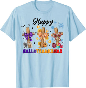 Happy Hallothanksmas Coquette Bow Cross Christian Jesus T-Shirt - T-Shirt | Light Blue
