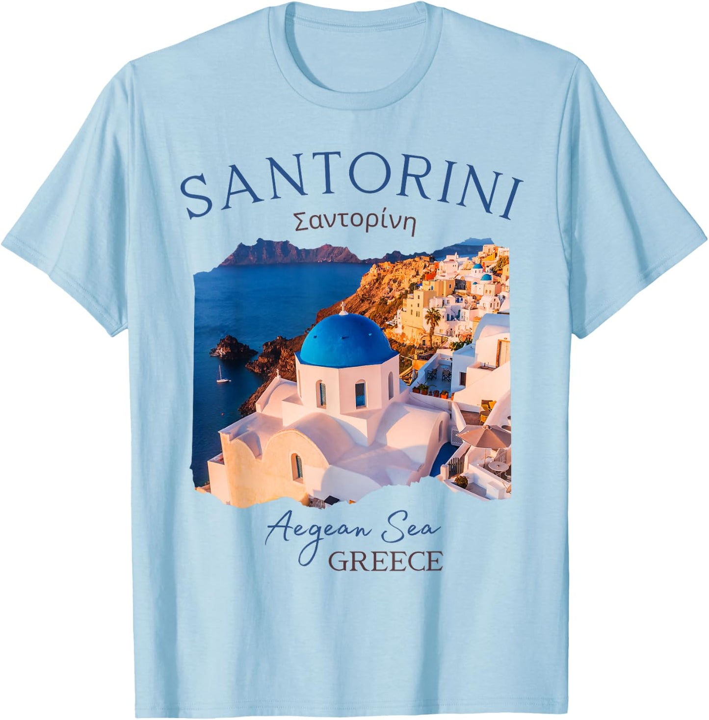Greek Island Santorini Greece Oia Village Blue Church T-Shirt - T-Shirt | Light Blue