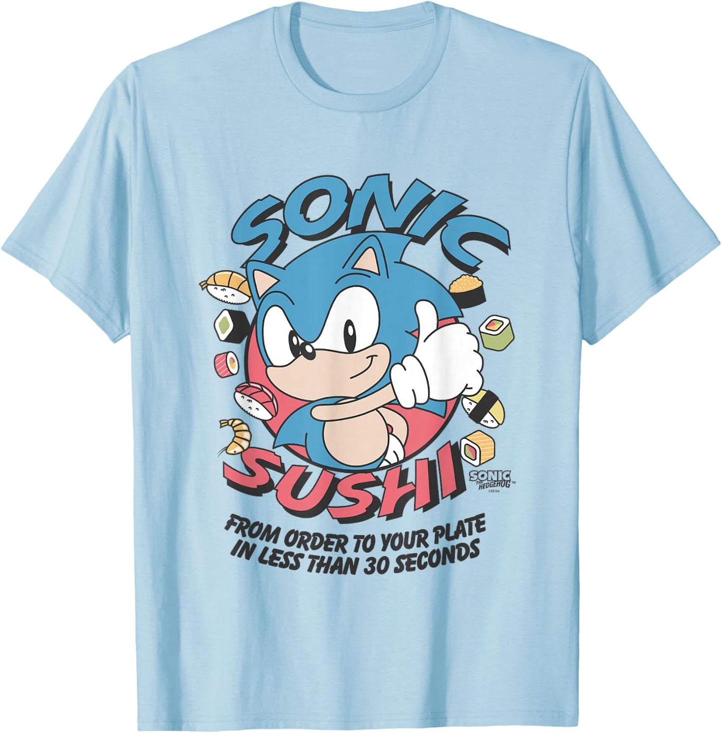 Sonic The Hedgehog Sonic Sushi Less Than 30 Seconds Vintage T-Shirt - T-Shirt | Light Blue