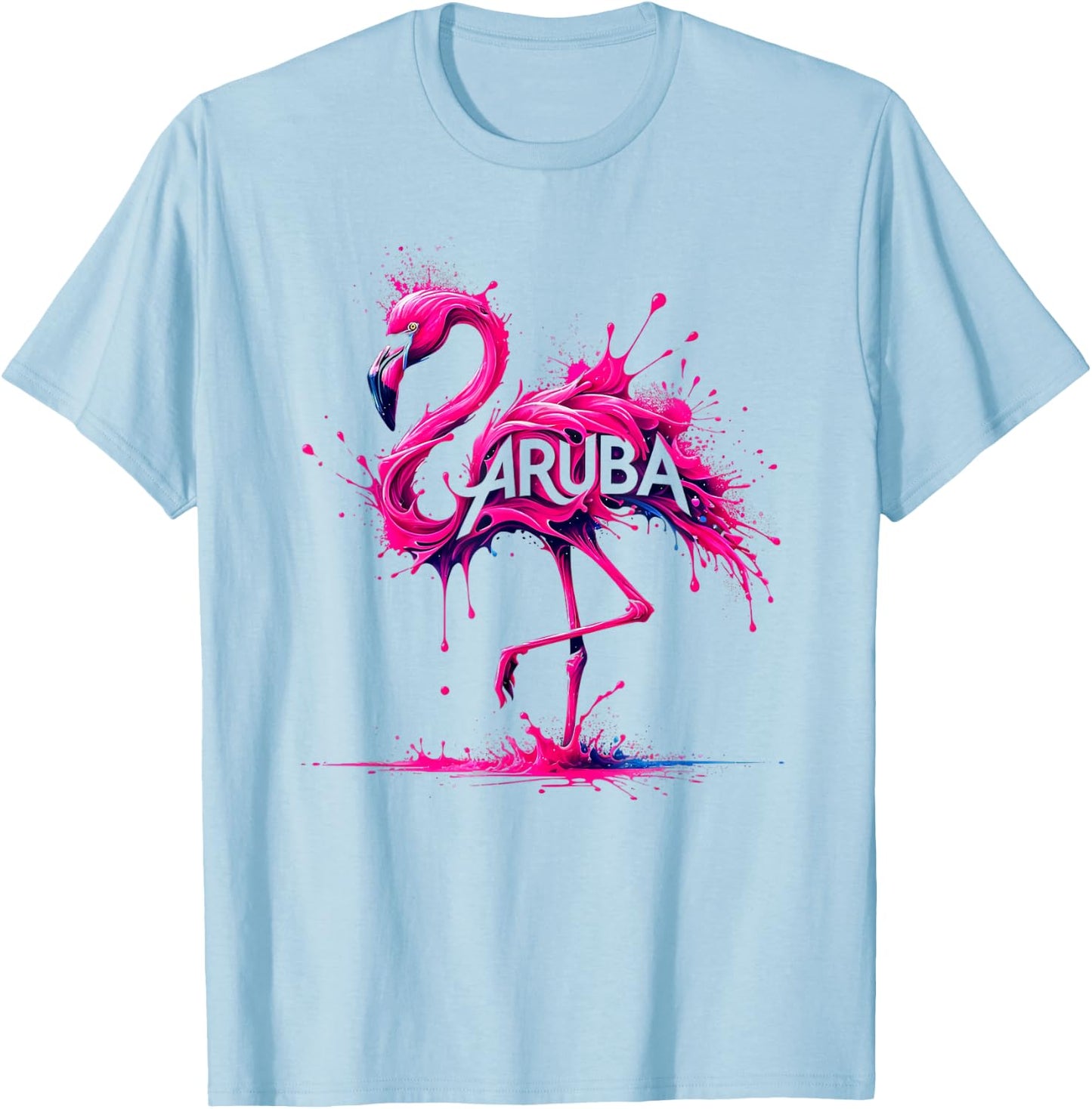 Aruba Paint Splatter Flamingo T-Shirt - T-Shirt | Light Blue
