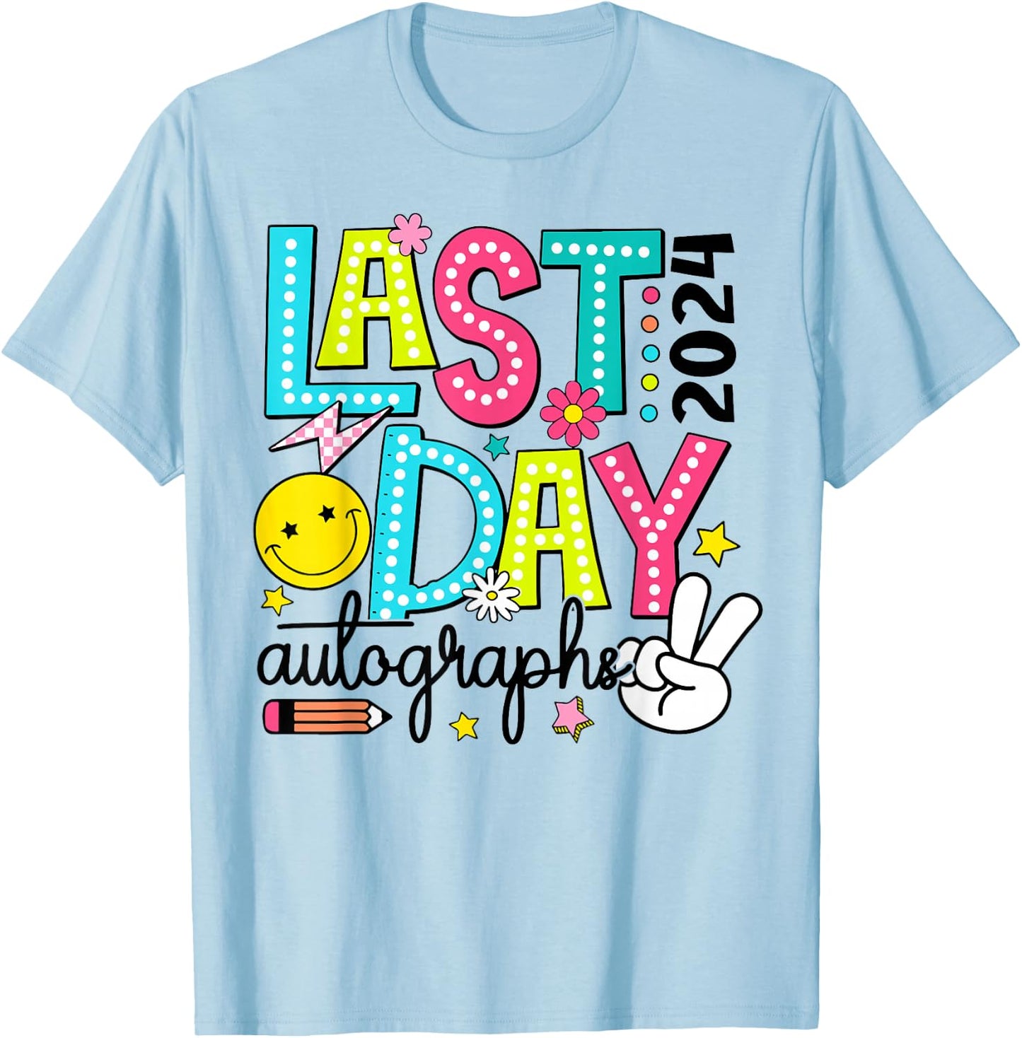 Last Day Autographs 2023-2024 Retro Last Day Of School T-Shirt - T-Shirt | Light Blue