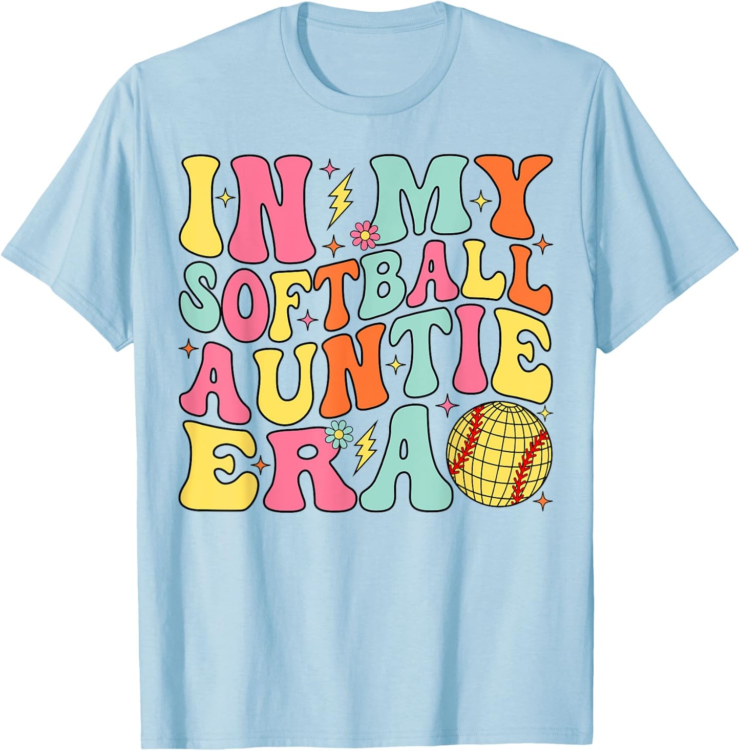 In My Softball Auntie Era Groovy Softball Aunt T-Shirt - T-Shirt | Light Blue