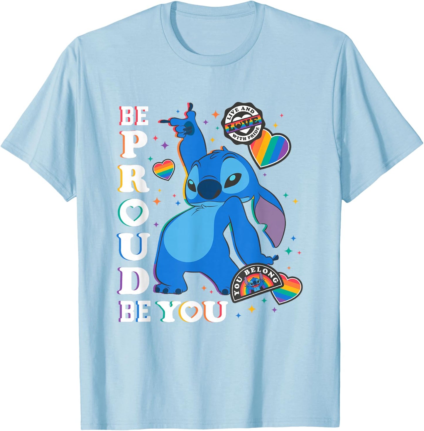 Disney Lilo & Stitch Be You Rainbow Stickers T-Shirt - T-Shirt | Light Blue