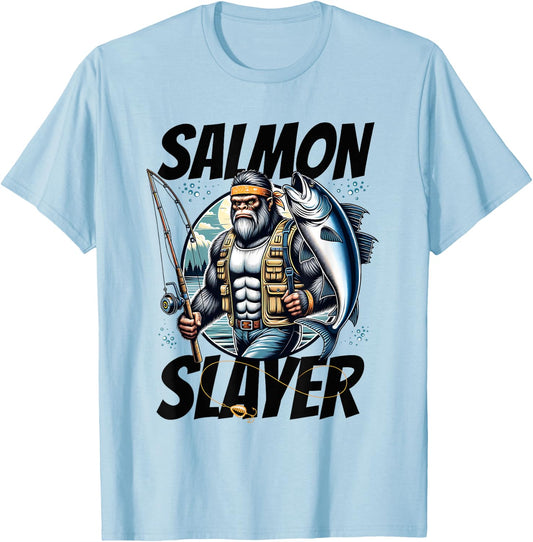 Salmon Slayer Funny Bigfoot Fishing Salmon Fish T-Shirt - T-Shirt | Light Blue