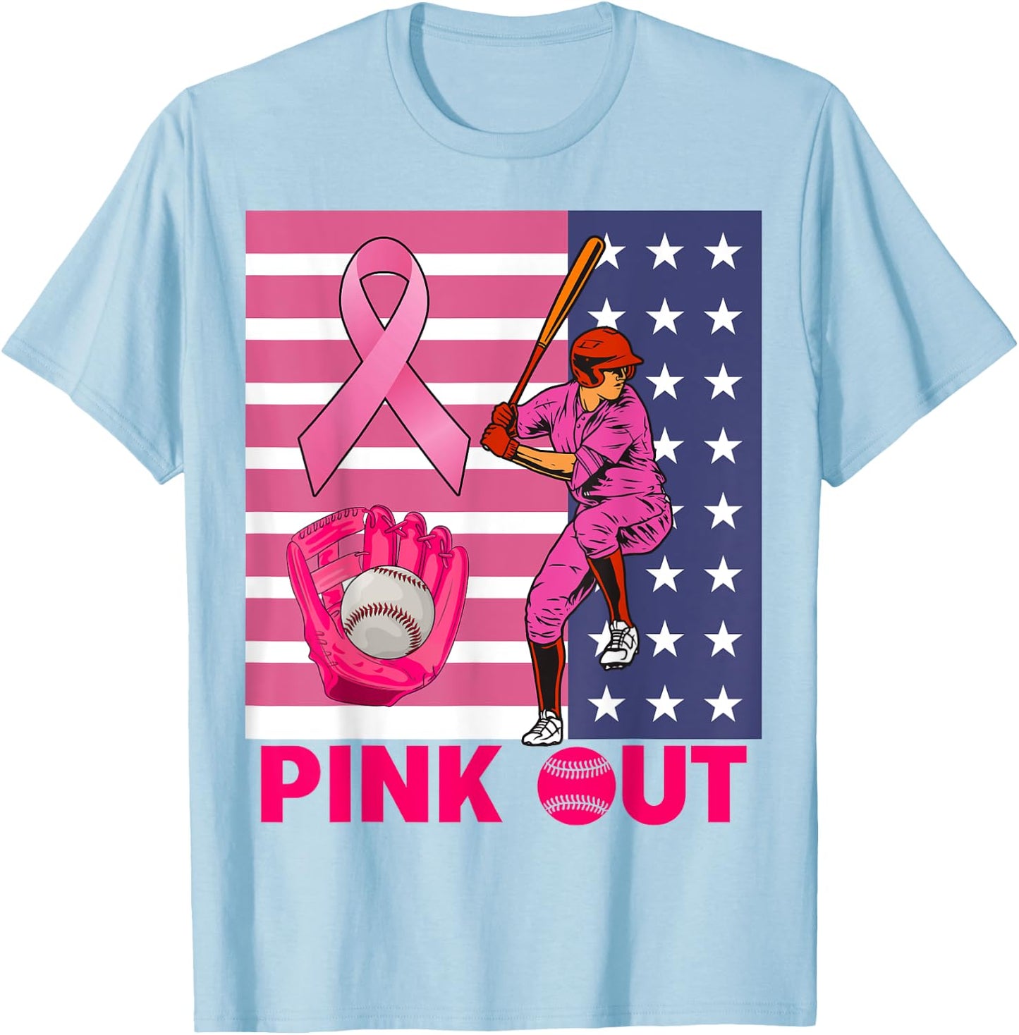 Pink Out Ribbon Baseball Breast Cancer Awareness T-Shirt - T-Shirt | Light Blue