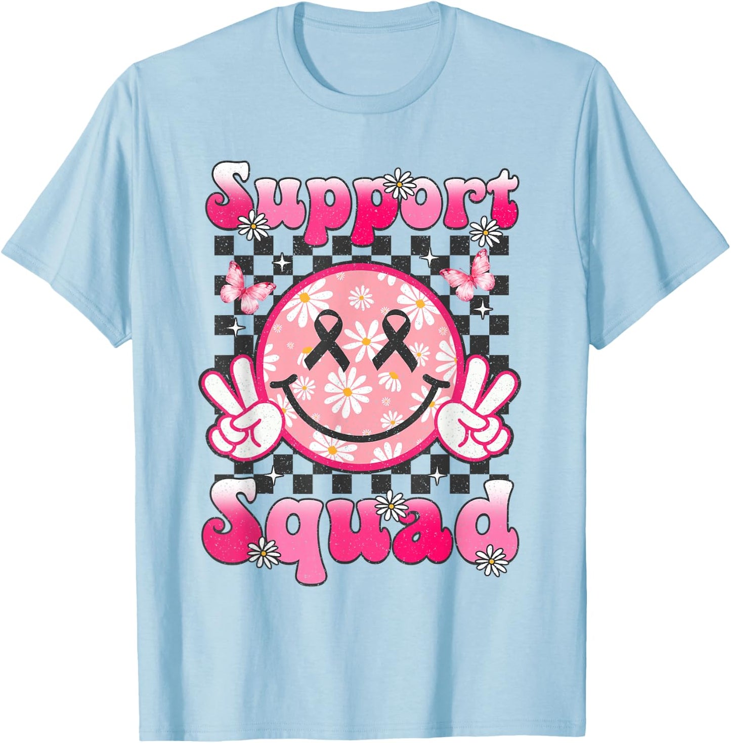 Support Squad Breast Cancer Awareness Smile Face Pink Ribbon T-Shirt - T-Shirt | Light Blue