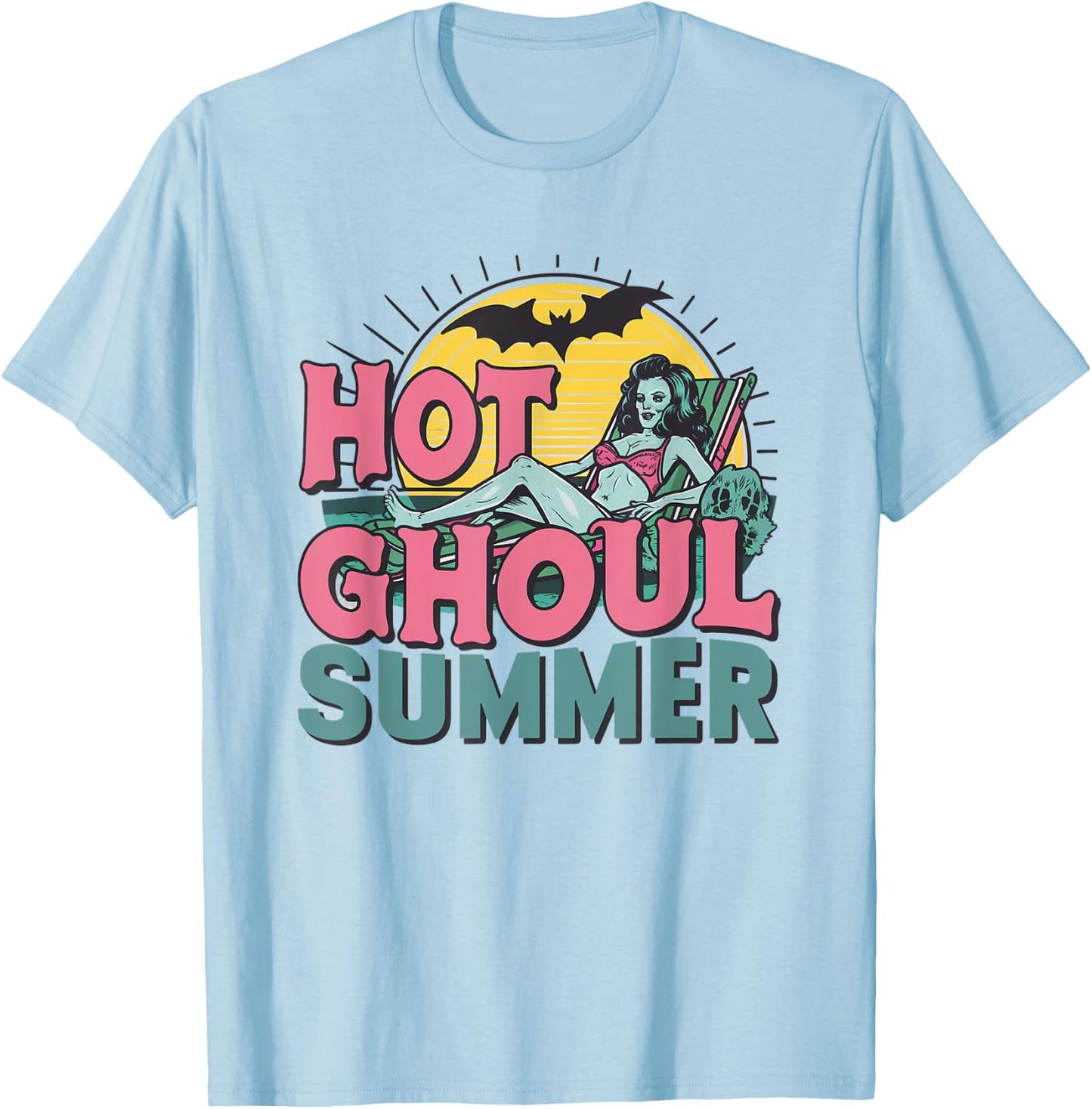 Hot Ghoul Summer Spooky Retro Zombie Pin-Up Halloween T-Shirt - T-Shirt | Light Blue
