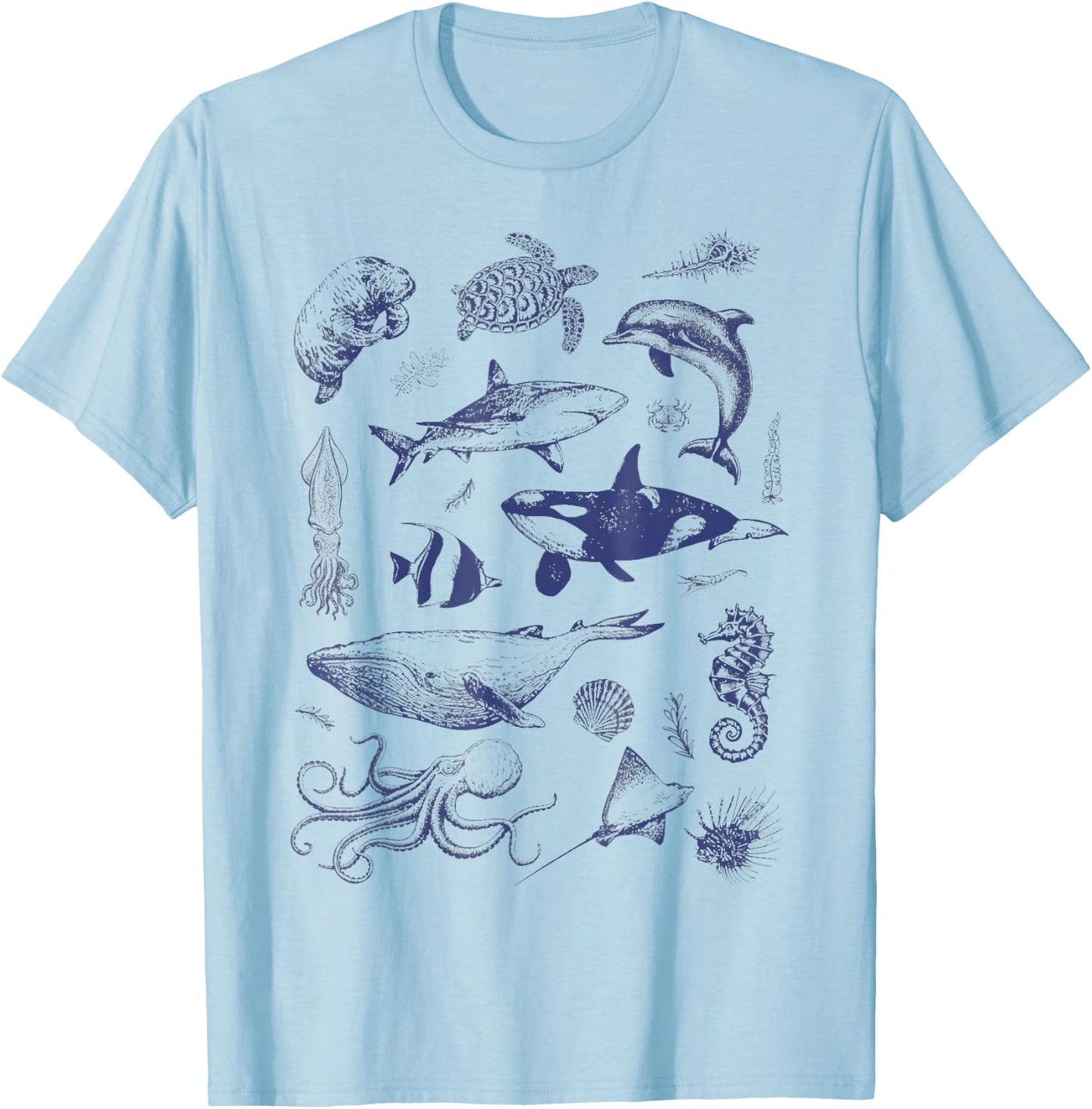 Ocean Wildlife Vintage Shark Turtle Octopus Graphic T-Shirt - T-Shirt | Light Blue