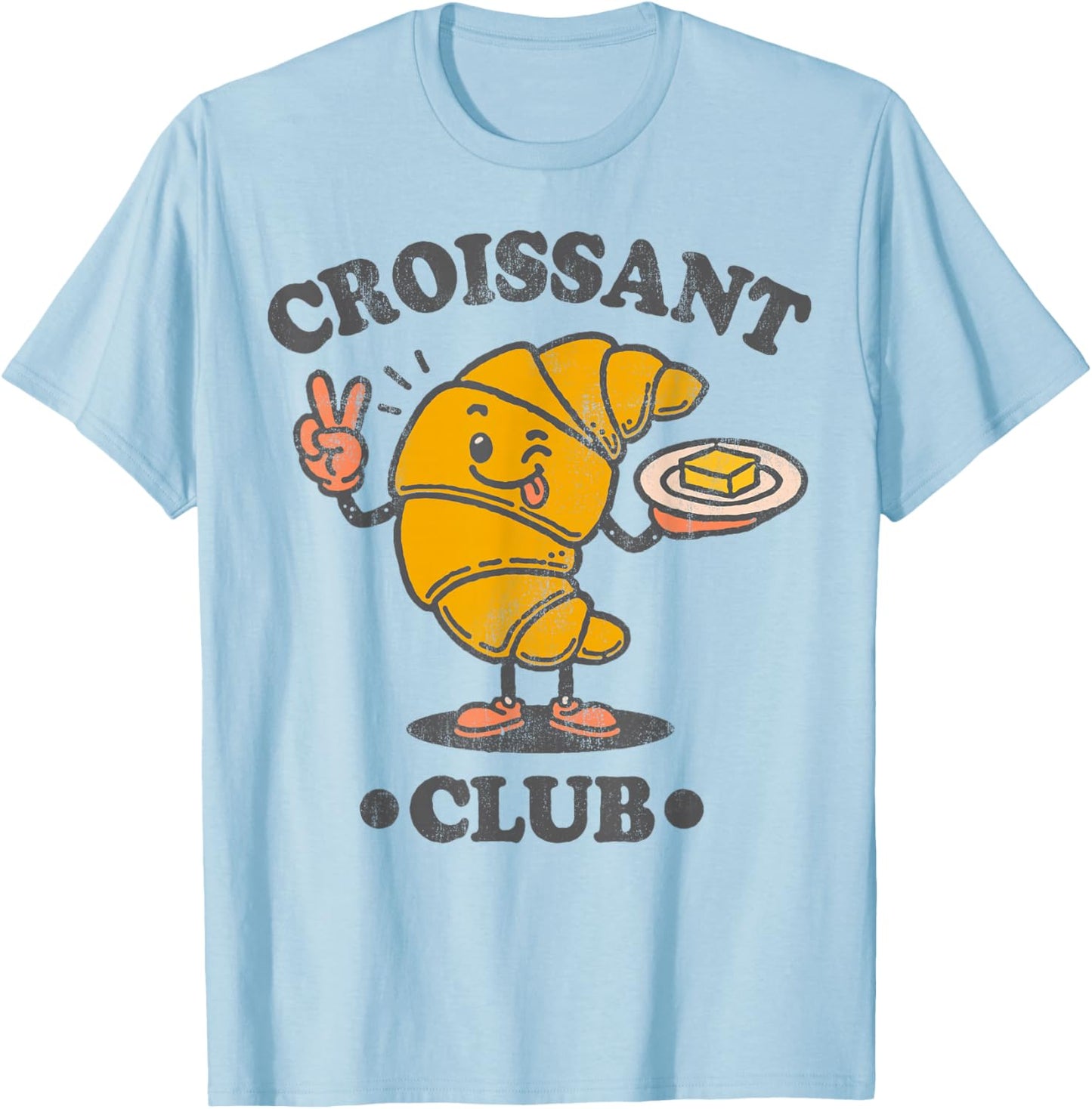 Croissant Club Cute French Pastry Cartoon T-Shirt - T-Shirt | Light Blue