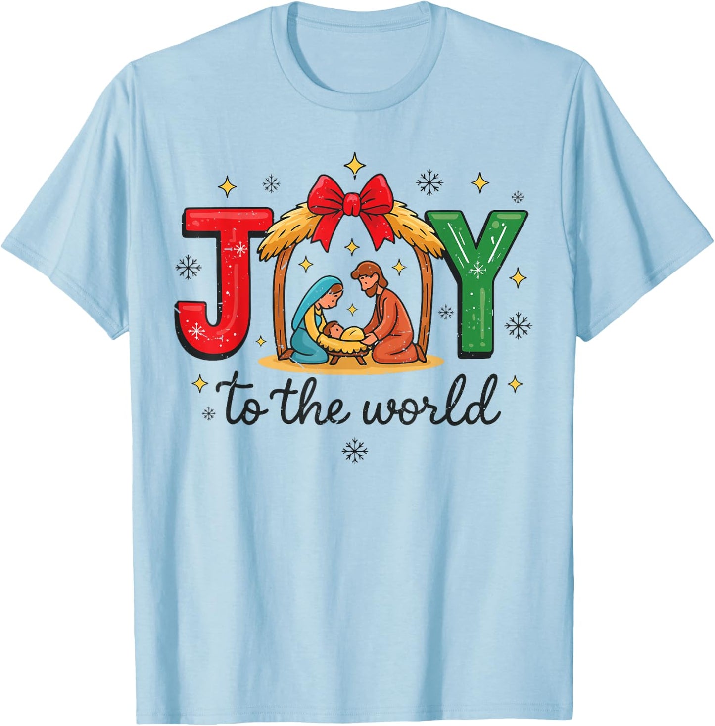 Women Joy to The World God Christmas Family Pajama Christian T-Shirt - T-Shirt | Light Blue