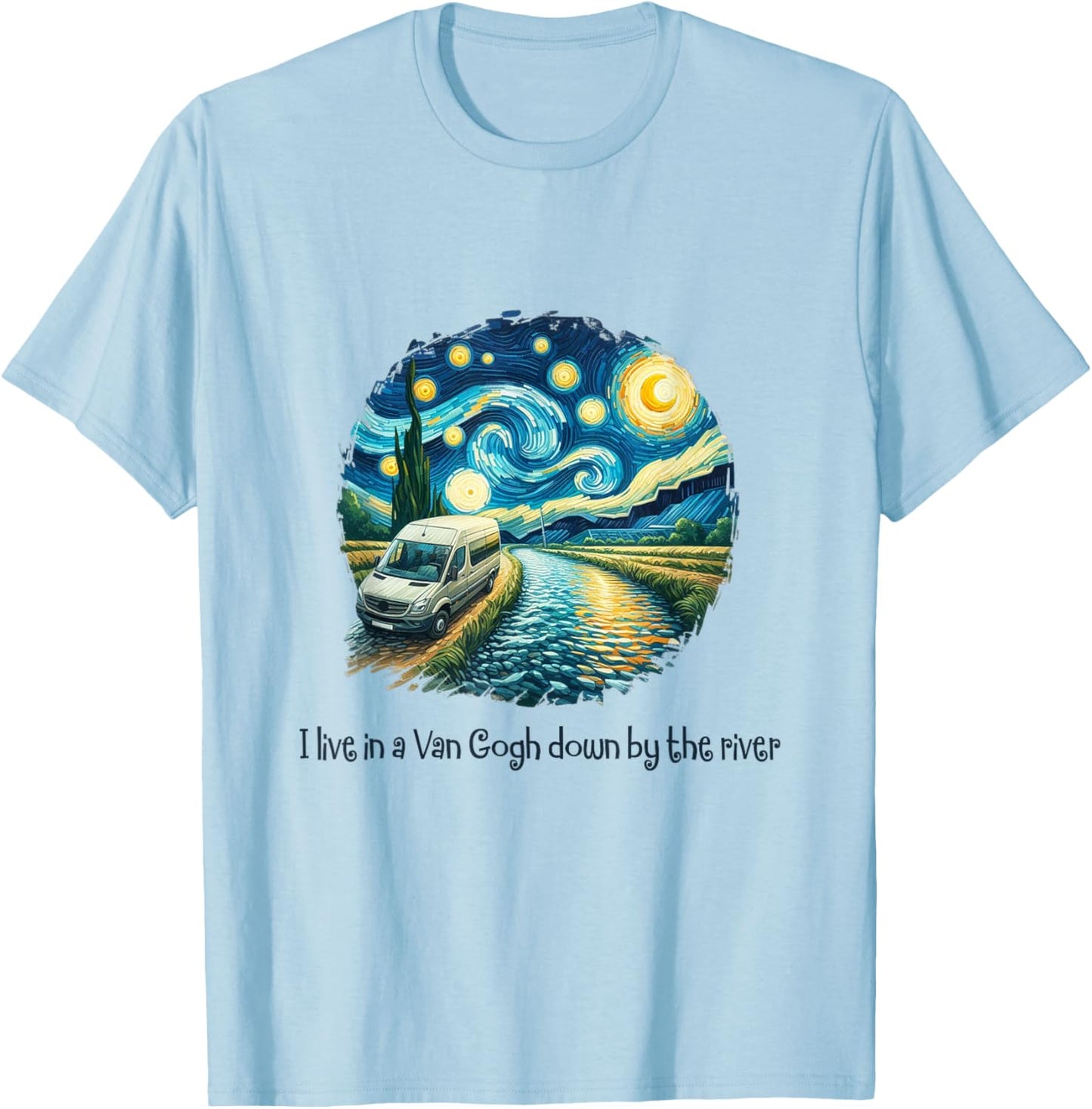 Vintage Retro I live in Van-Gogh down the river outdoor camping hiking , Small, Grey T-Shirt - T-Shirt | Light Blue