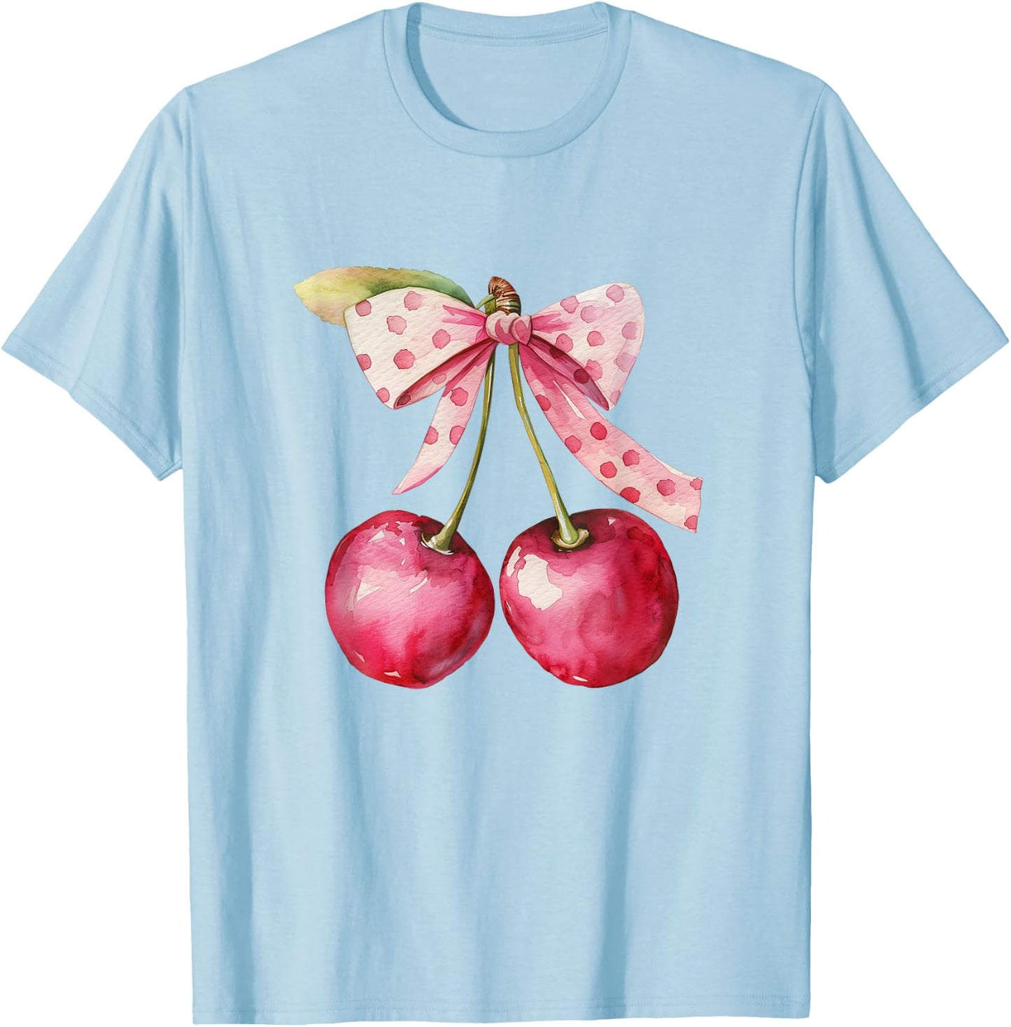 Coquette Bow with Cherry Kawaii T-Shirt - T-Shirt | Light Blue