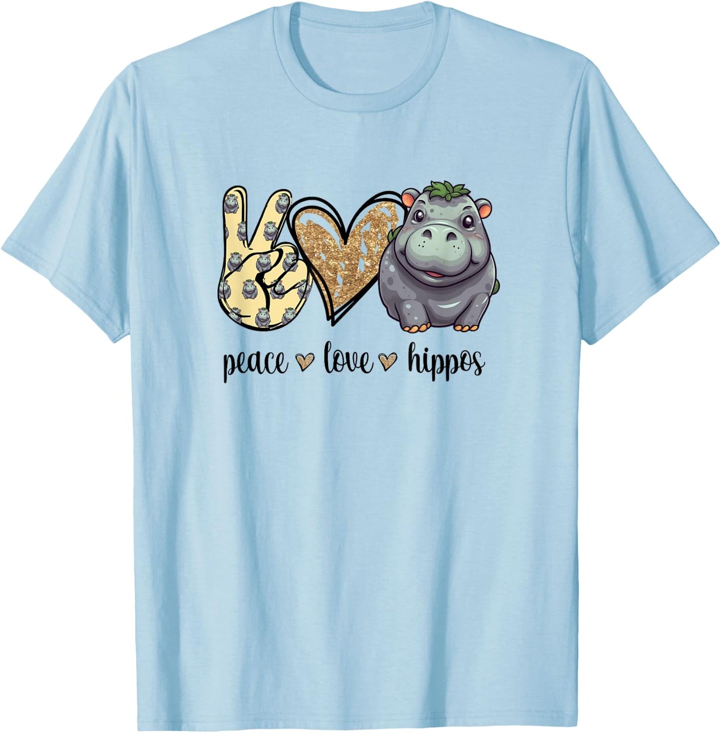 Girls & Kids Cute Kawaii Peace Love Hippos Lover T-Shirt - T-Shirt | Light Blue