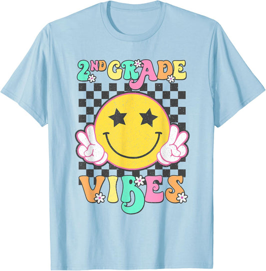 Girls 2nd Grade Vibes Smile Face Back to School Second Grade T-Shirt - T-Shirt | Light Blue