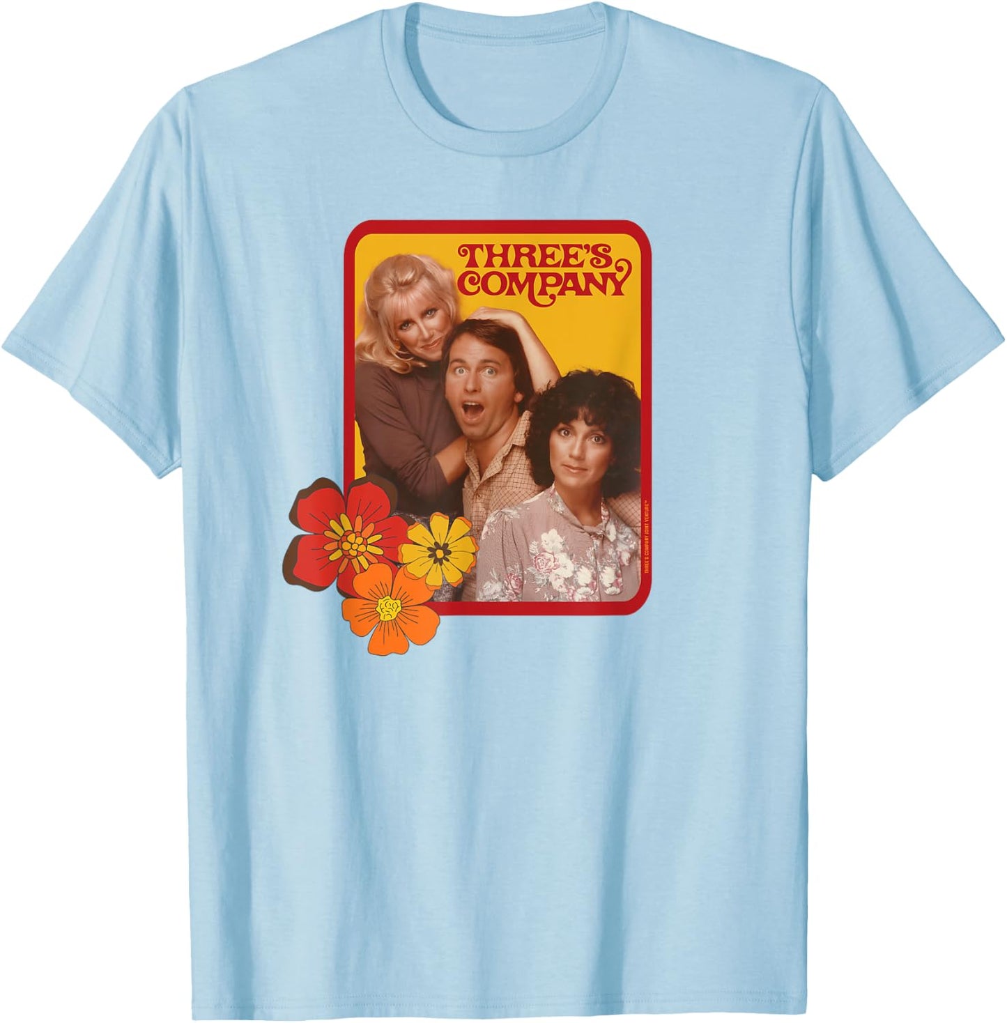 Jack & Janet & Chrissy Three's Company Retro Floral Graphic T-Shirt - T-Shirt | Light Blue