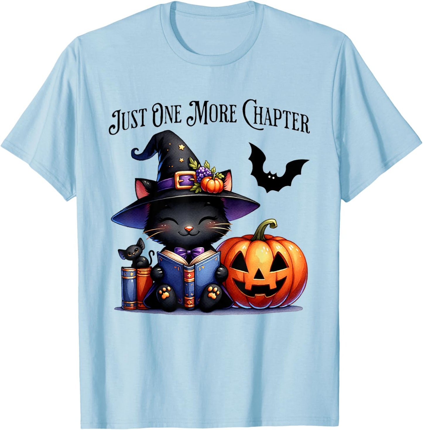 Cat Reading Halloween Pumpkin Cute Just One More Chapter T-Shirt - T-Shirt | Light Blue
