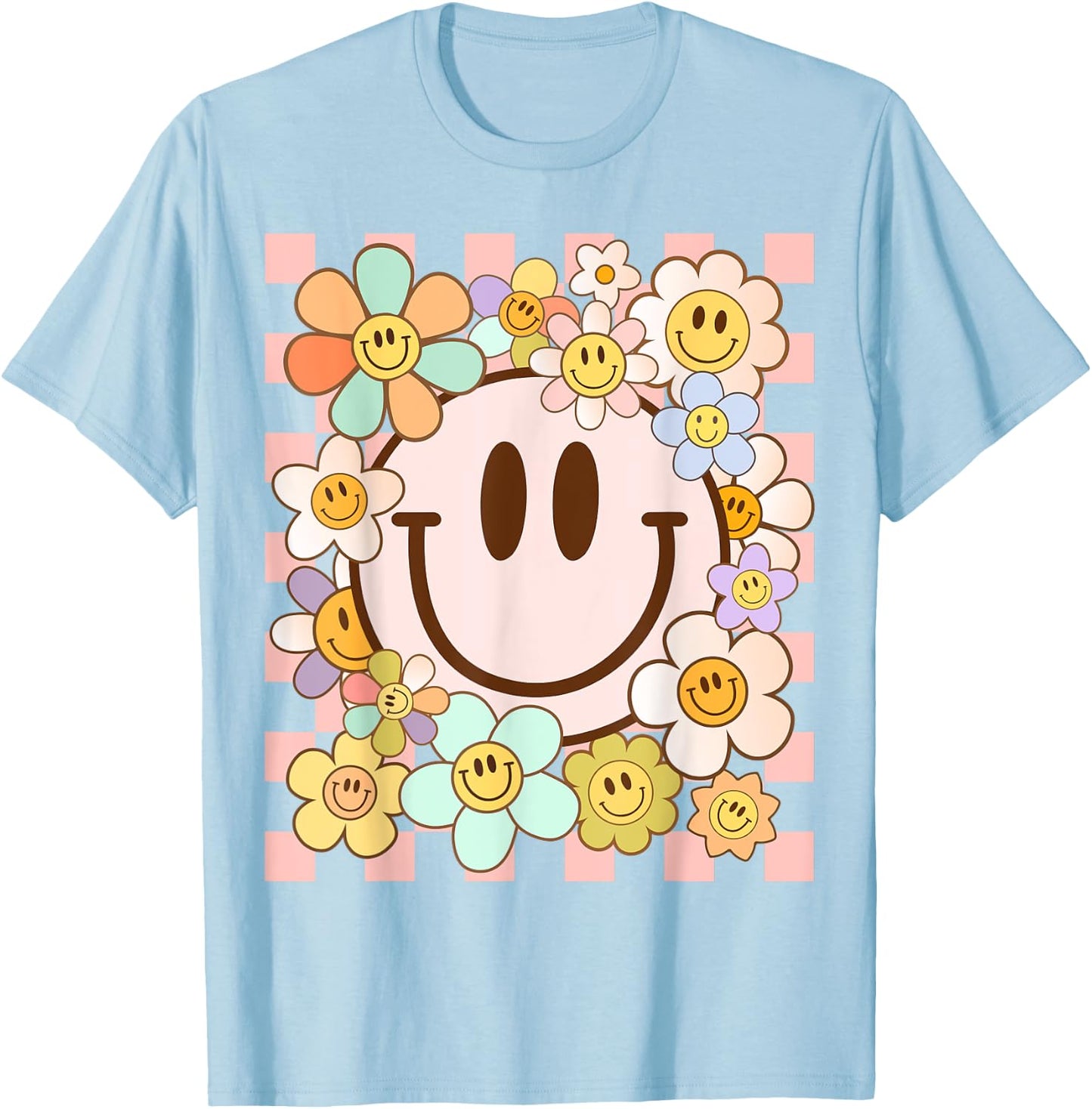 Happy Face Daisy Flower Shirt Preppy Aesthetic Smile Face T-Shirt - T-Shirt | Light Blue