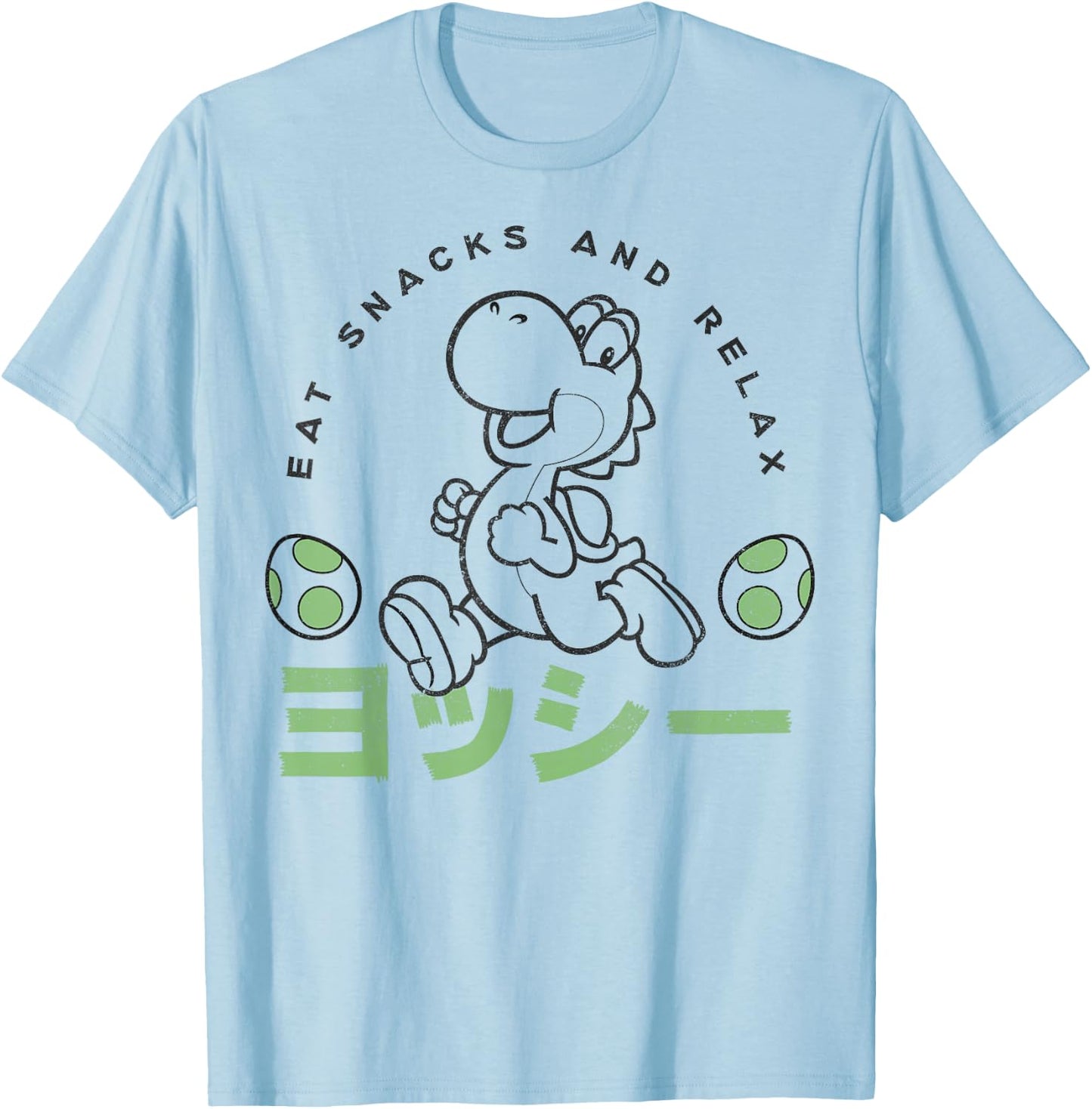 Super Mario Yoshi Eats Snacks And Relax Kanji Portrait T-Shirt - T-Shirt | Light Blue