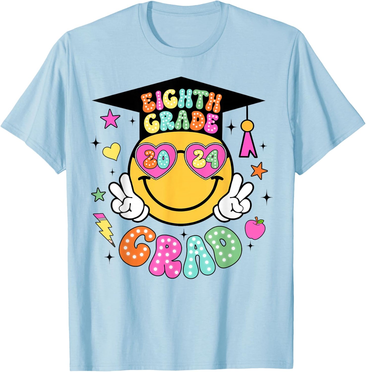 Groovy 8th Grade Graduate Happy Face Graduation 2024 Grad T-Shirt - T-Shirt | Light Blue