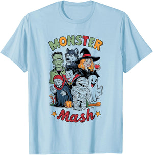 Vintage HALLOWEEN SHIRT | Classic Monster Characters Mash T-Shirt - T-Shirt | Light Blue