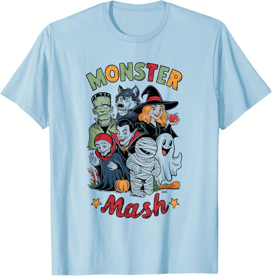 Vintage HALLOWEEN SHIRT | Classic Monster Characters Mash T-Shirt - T-Shirt | Light Blue