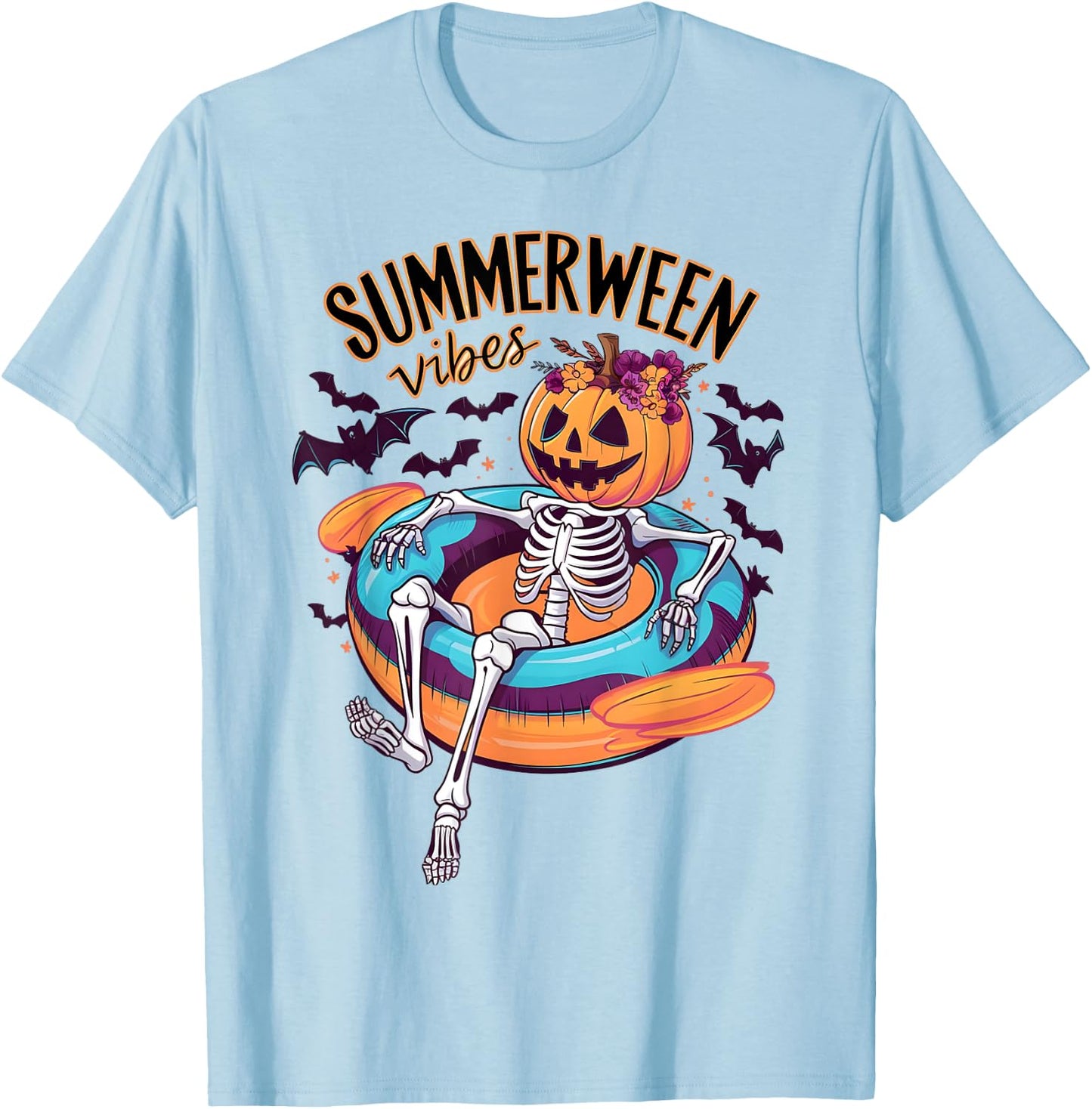 Summerween Vibes Skeleton Pumpkin Summer Vacation Men Women Kids T-Shirt - T-Shirt | Light Blue