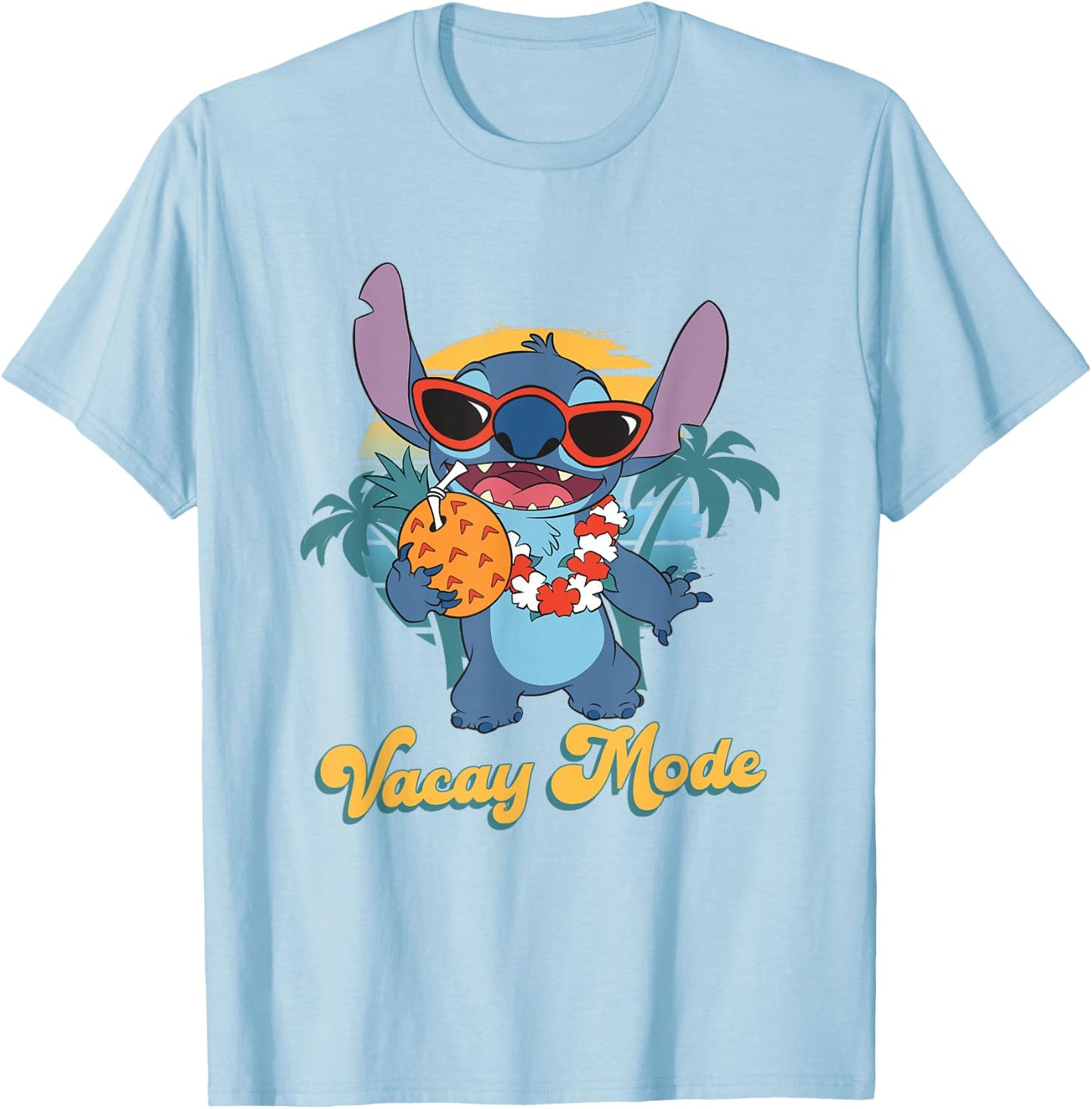 Disney Lilo & Stitch Cool Stitch On vacay Mode Chest Poster T-Shirt - T-Shirt | Light Blue